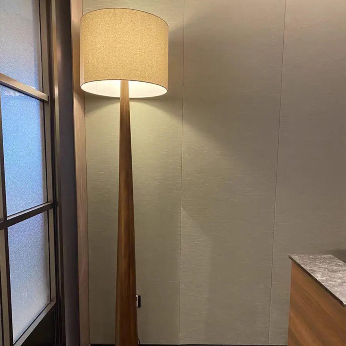 Modish White Cylinder Walnut Metal LED Floor Lamp Image - 4