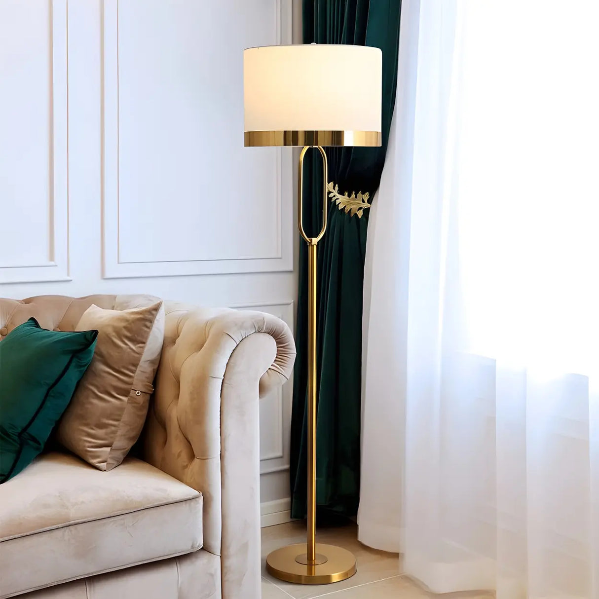 Modish White Drum Shade Gold Metal LED Floor Lamp Image - 1