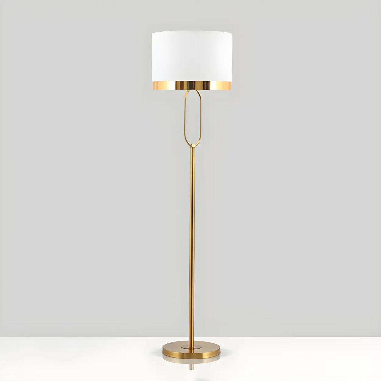 Modish White Drum Shade Gold Metal LED Floor Lamp Image - 7