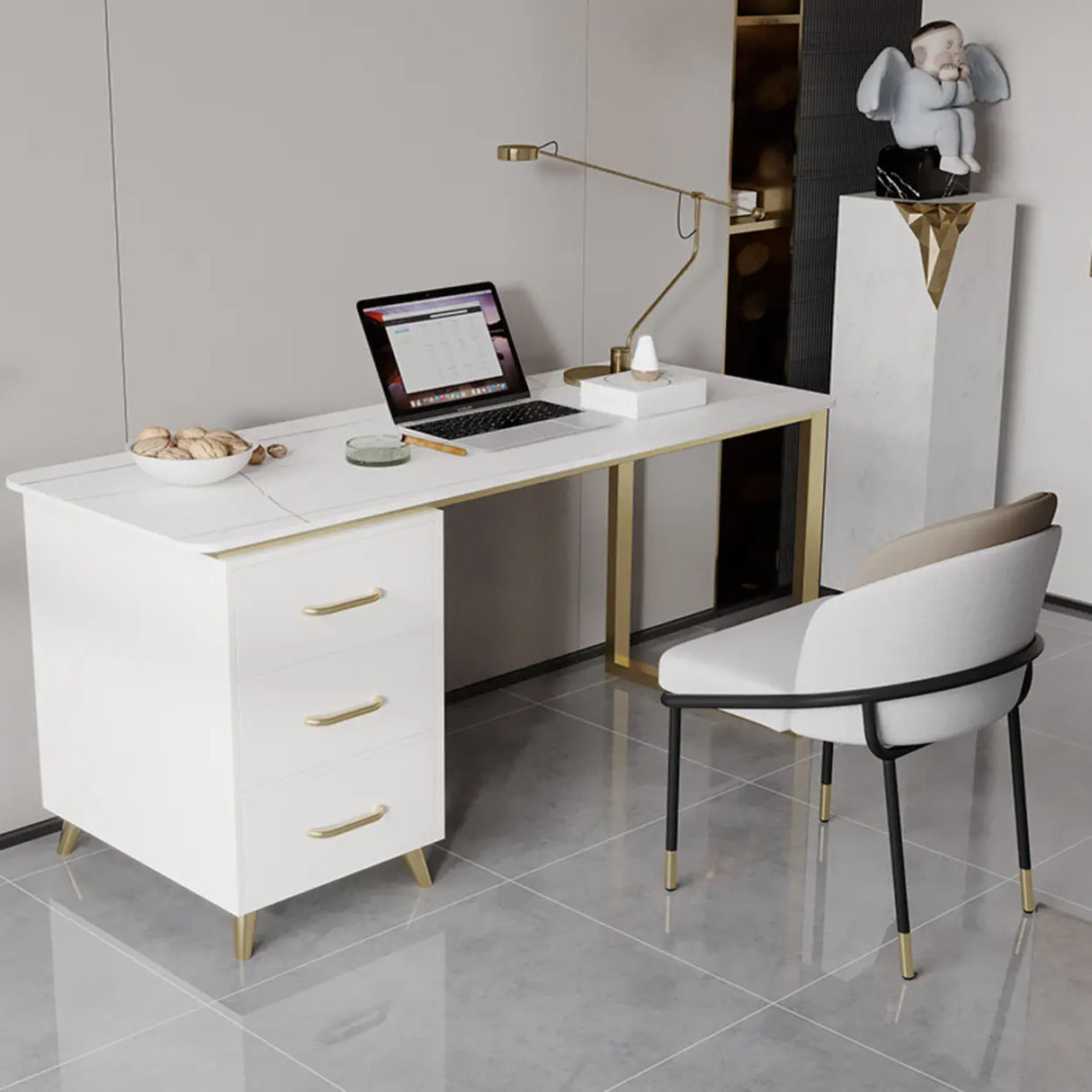 Modish White-Gold Stone Rectangle Drawers Writing Desk Image - 3