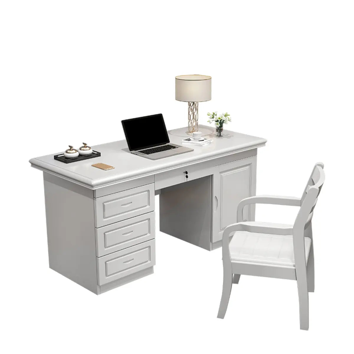 Modish White Rubberwood Storage Drawers Computer Desk Image - 5