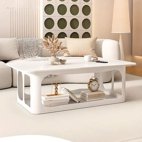 Modish White Stone Rectangle Shelf Single Coffee Table Image - 1