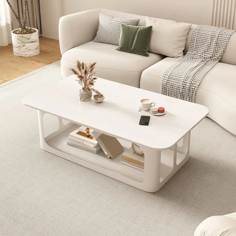 Modish White Stone Rectangle Shelf Single Coffee Table Image - 2