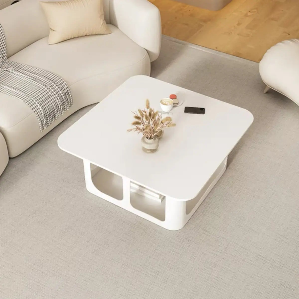 Modish White Stone Rectangle Shelf Single Coffee Table Image - 3