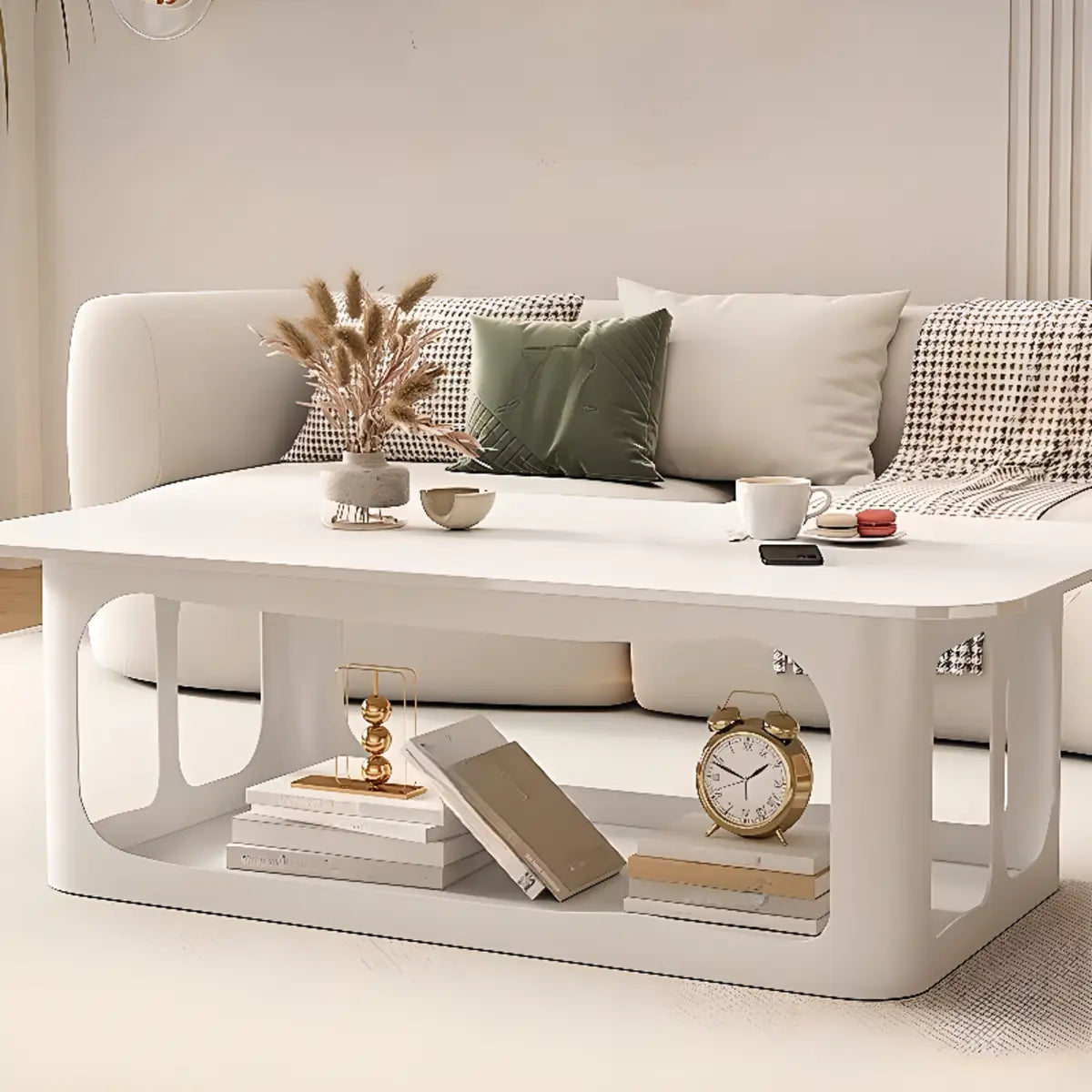 Modish White Stone Rectangle Shelf Single Coffee Table Image - 5