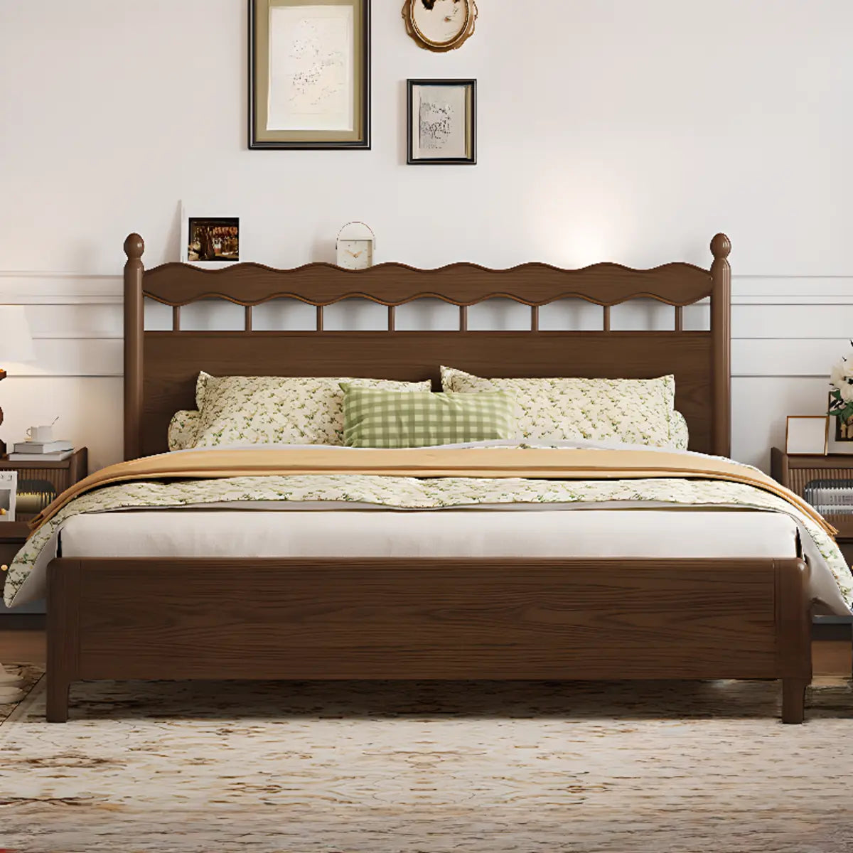 Modish Wood Brown Panel Bed with Headboard and Mattress Image - 1