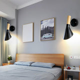 Modish Wood Color and Cone Metal Bedside Wall Sconce Image - 6