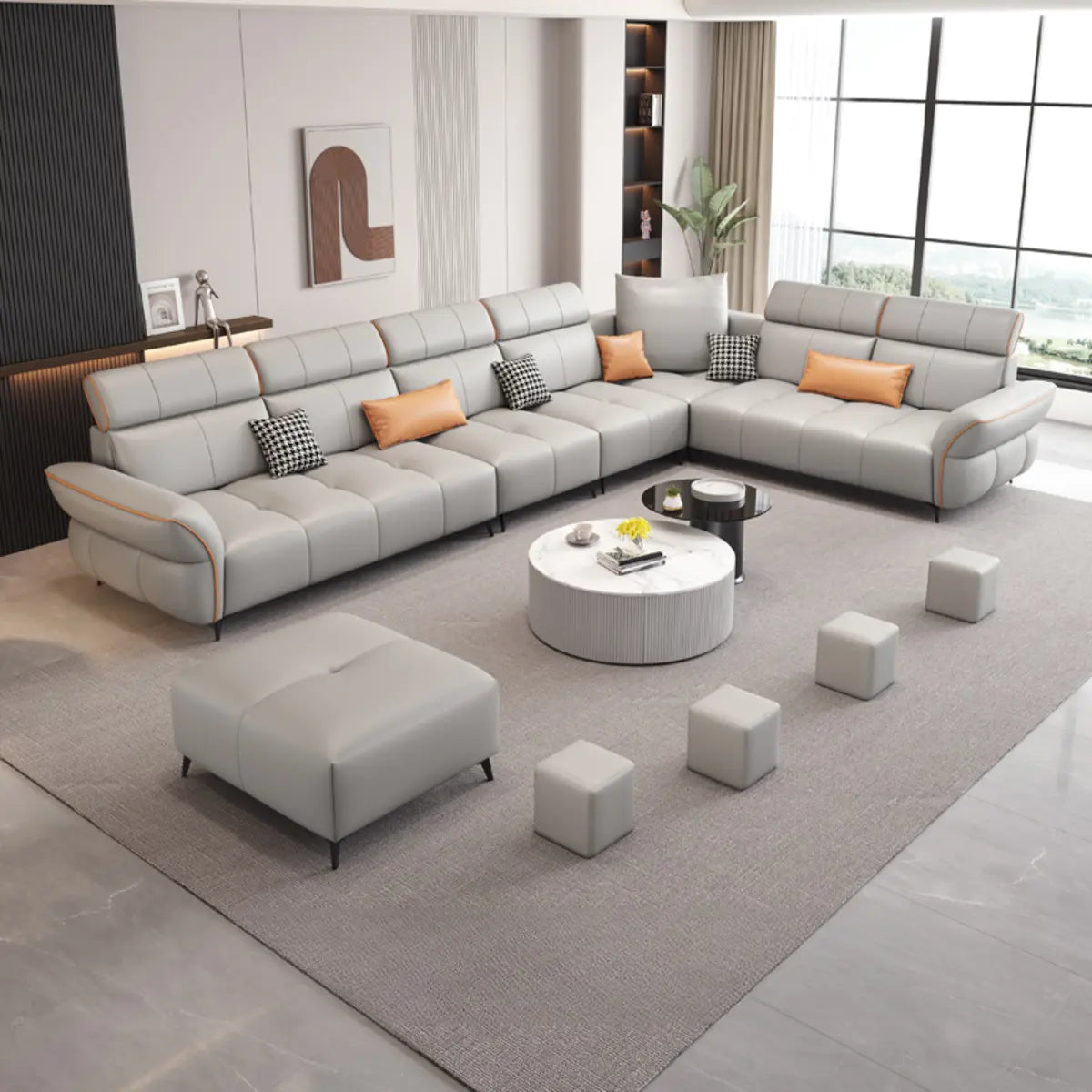 Modular Premium Grey Leather L-Shape Corner Sectional Image - 6