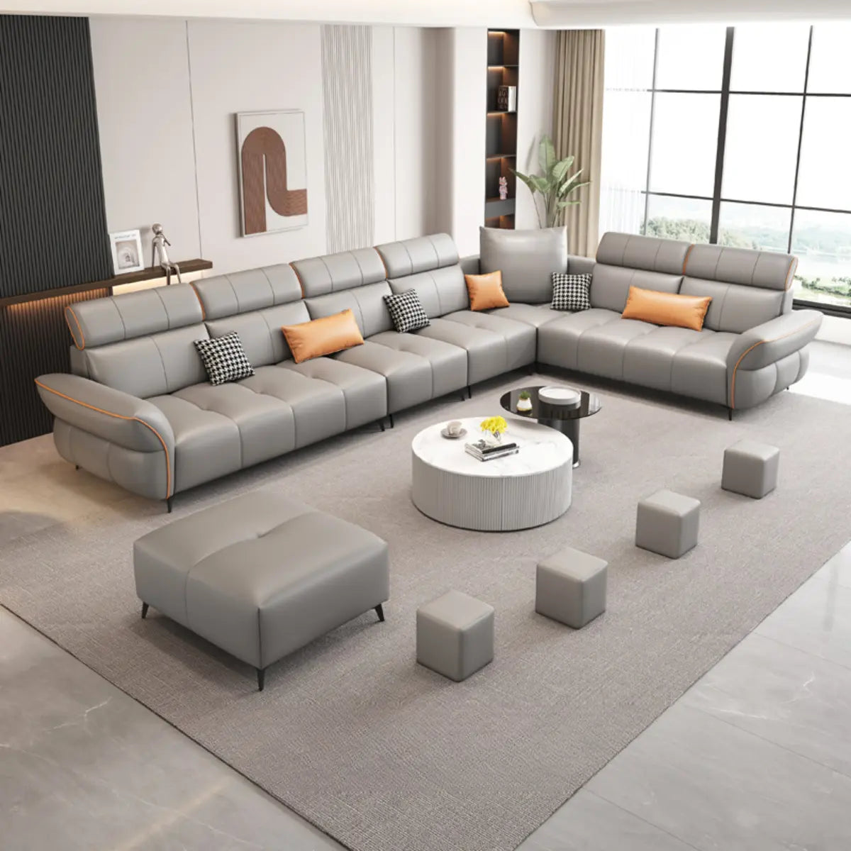 Modular Premium Grey Leather L-Shape Corner Sectional Image - 7