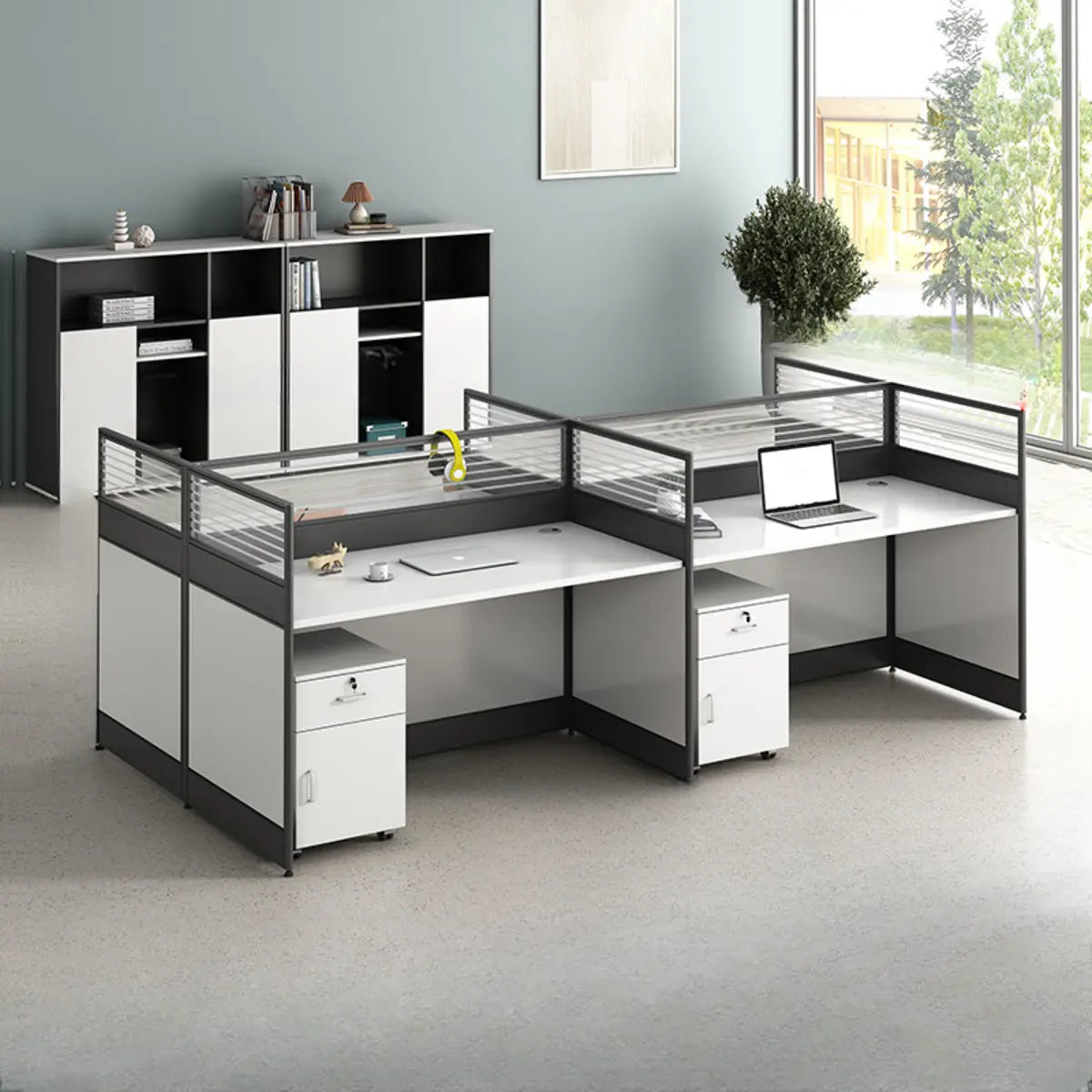 Modular Rectangular Wood Gray Large Storage Office Desk Set Image - 11