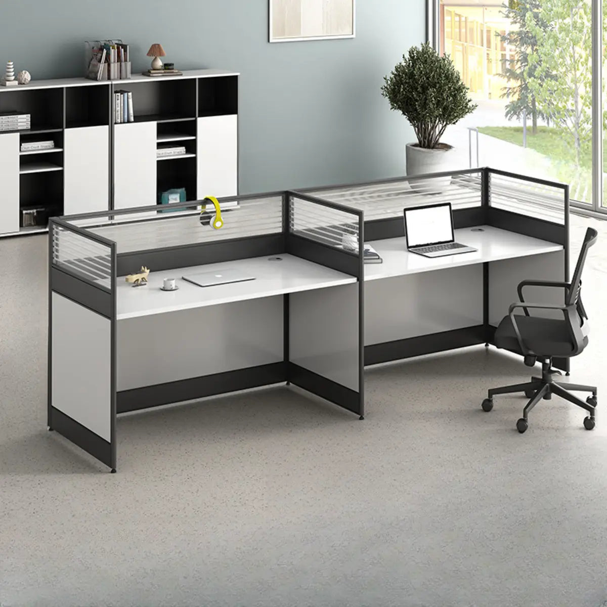 Modular Rectangular Wood Gray Large Storage Office Desk Set Image - 14