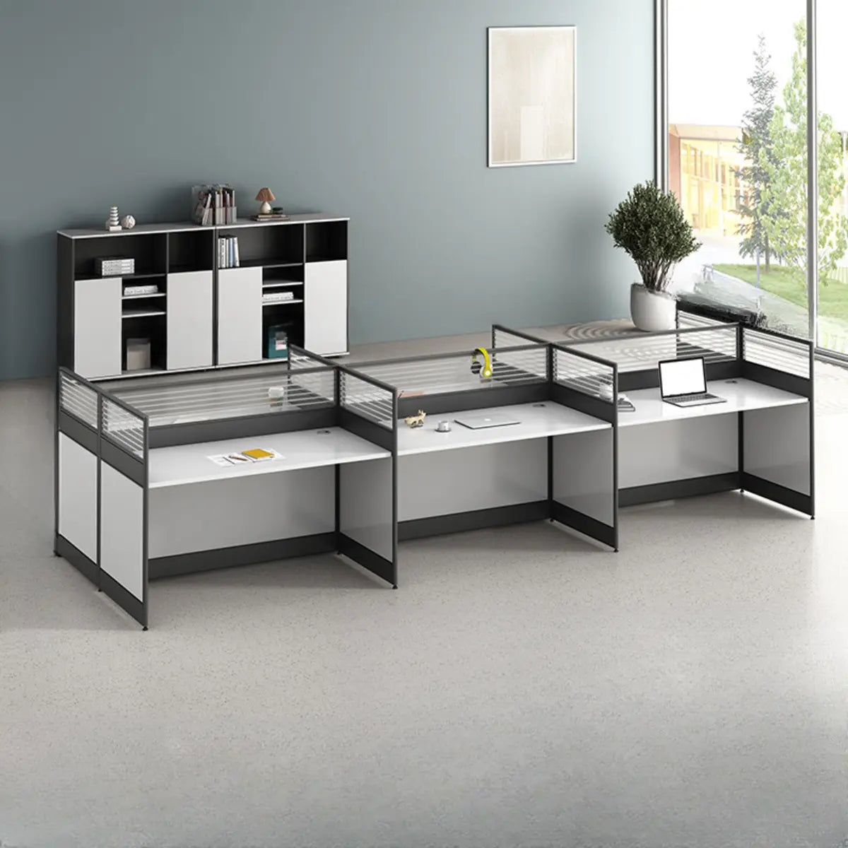 Modular Rectangular Wood Gray Large Storage Office Desk Set Image - 16