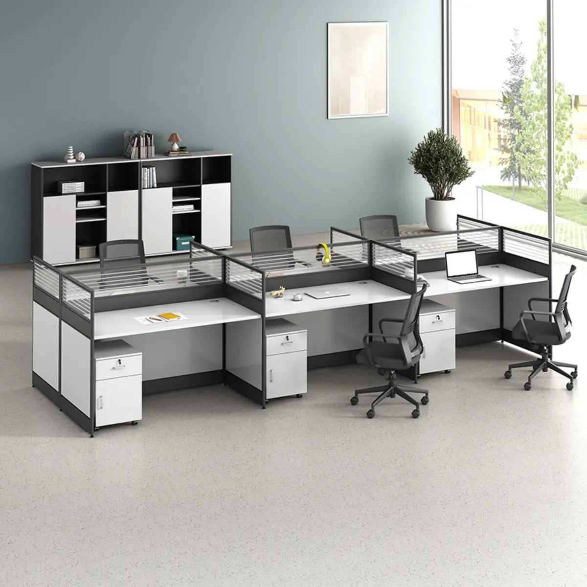 Modular Rectangular Wood Gray Large Storage Office Desk Set Image - 2