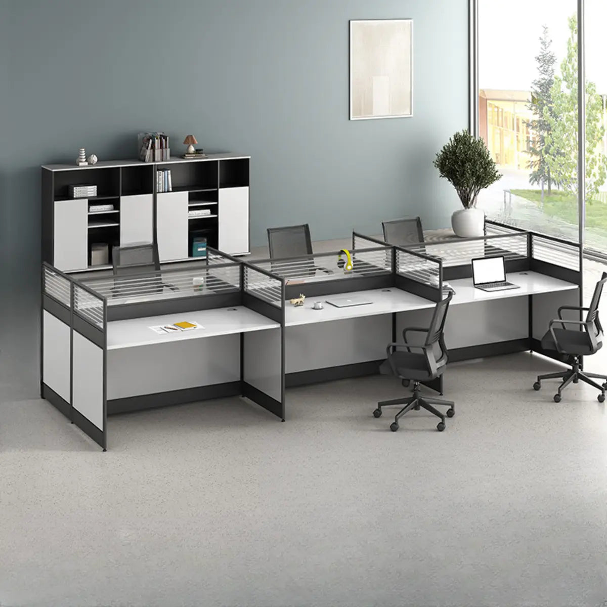 Modular Rectangular Wood Gray Large Storage Office Desk Set Image - 20