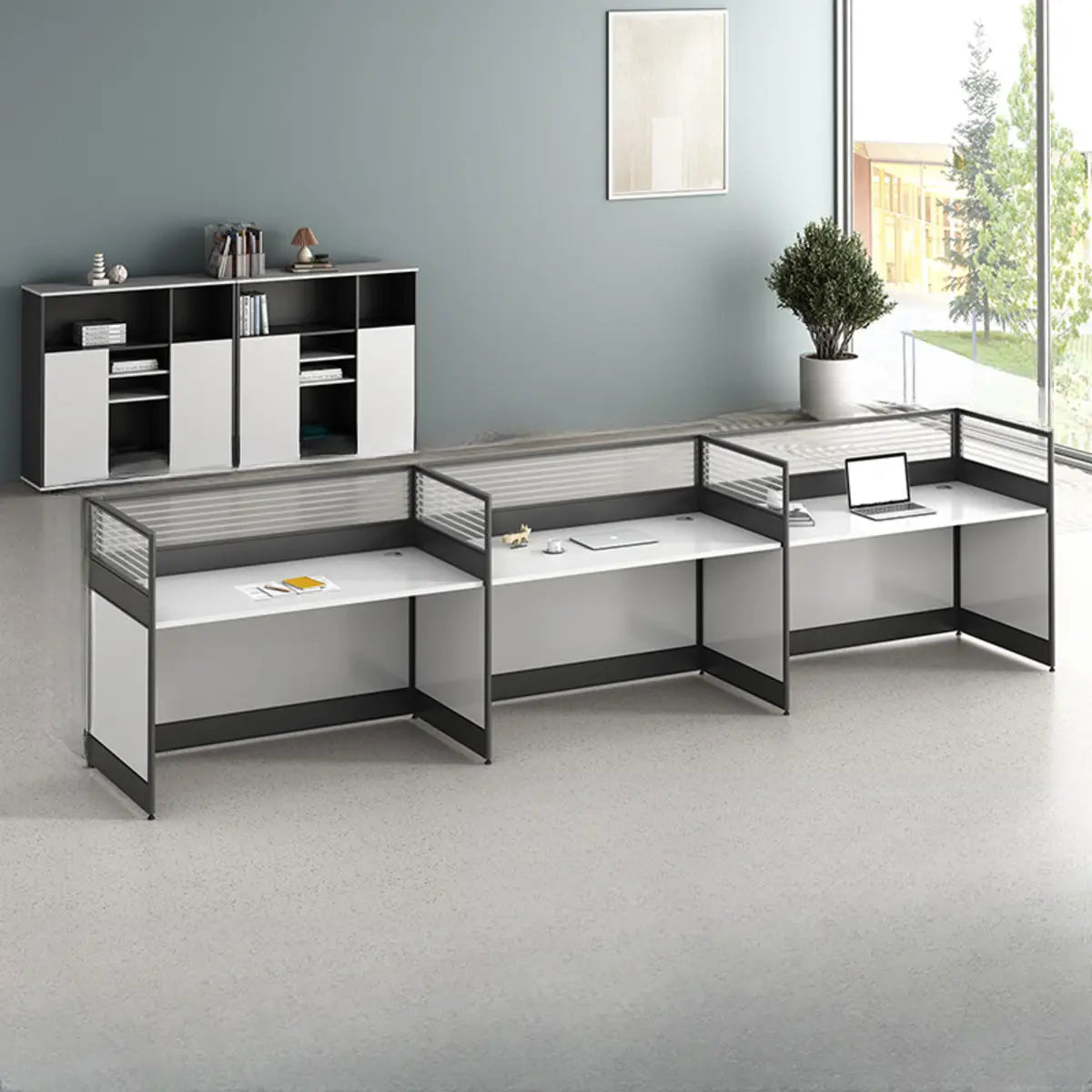 Modular Rectangular Wood Gray Large Storage Office Desk Set Image - 22