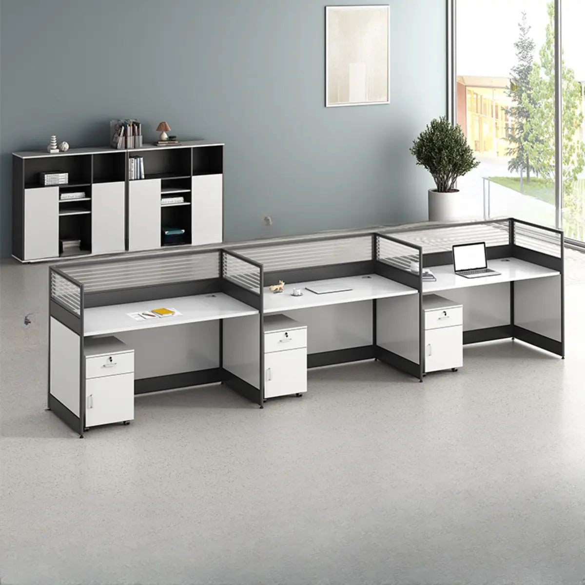 Modular Rectangular Wood Gray Large Storage Office Desk Set Image - 26