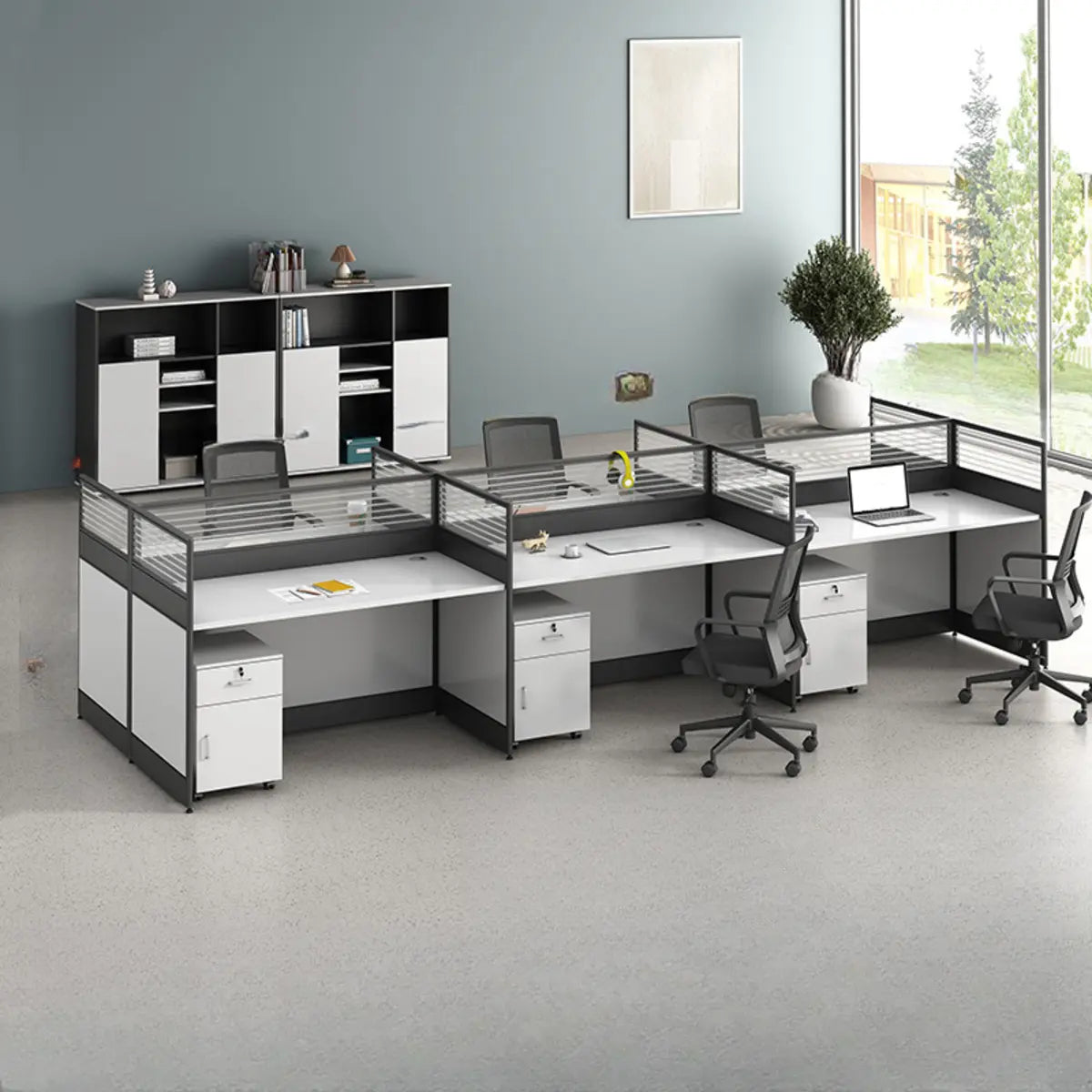 Modular Rectangular Wood Gray Large Storage Office Desk Set Image - 27