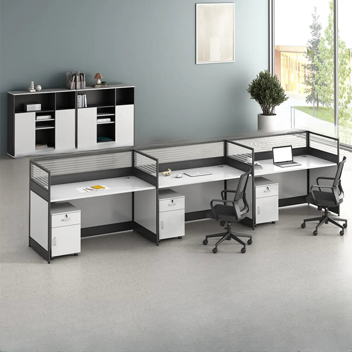 Modular Rectangular Wood Gray Large Storage Office Desk Set Image - 5