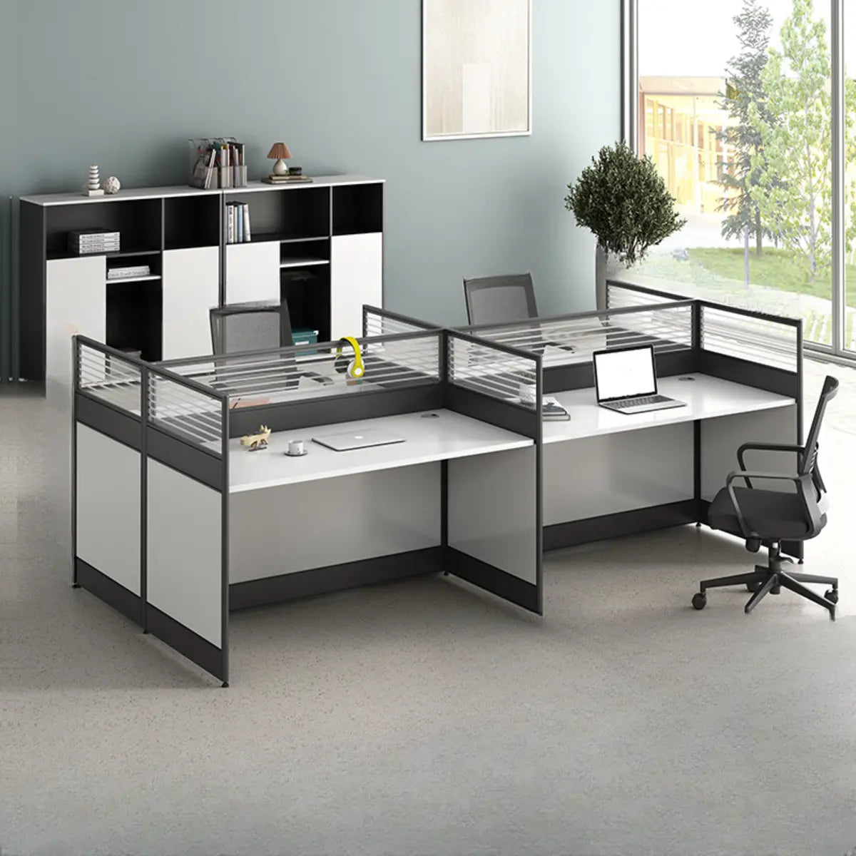 Modular Rectangular Wood Gray Large Storage Office Desk Set Image - 6