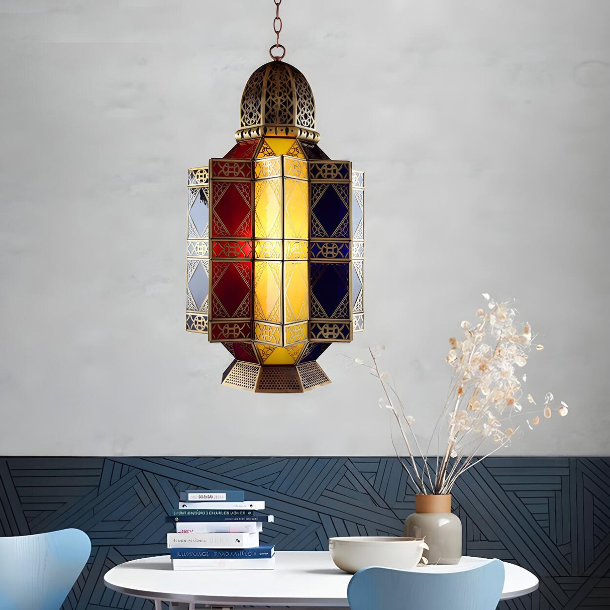 Moroccan Colorful Glass Lantern Chandelier Dining Room Image - 2