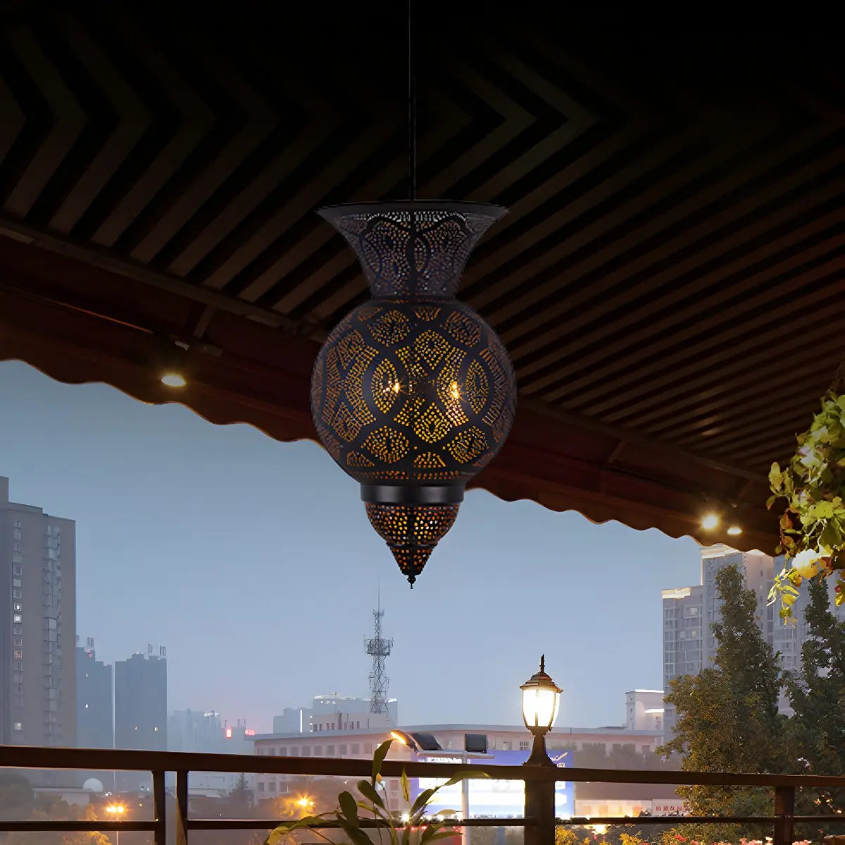 Moroccan Intricate Cutout Hanging Lantern Outdoor Chandelier Image - 1