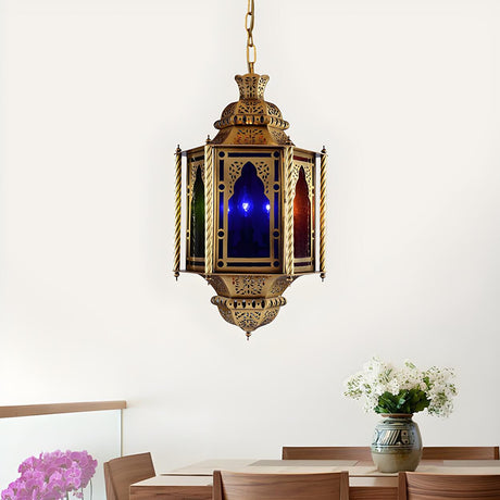 Moroccan Restaurant Brass Colorful Glass Lantern Chandelier Image - 2