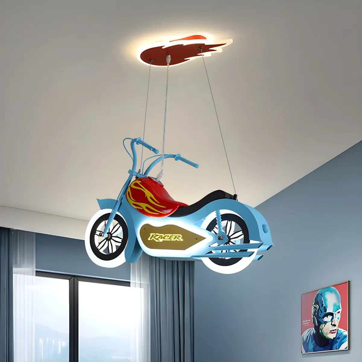 Motorcycle Acrylic Kids Room Blue Large Pendant Chandelier Image - 1