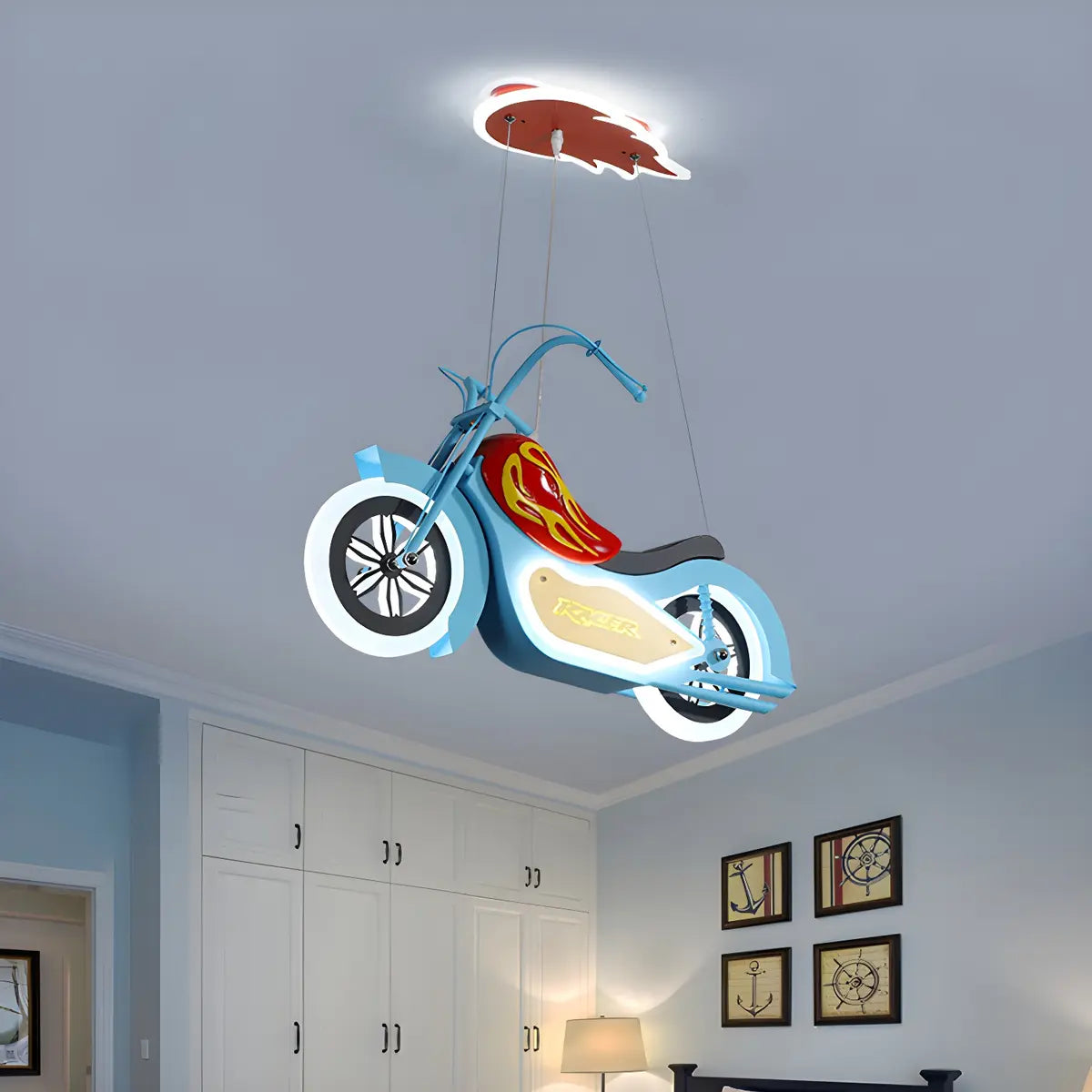 Motorcycle Acrylic Kids Room Blue Large Pendant Chandelier Image - 2