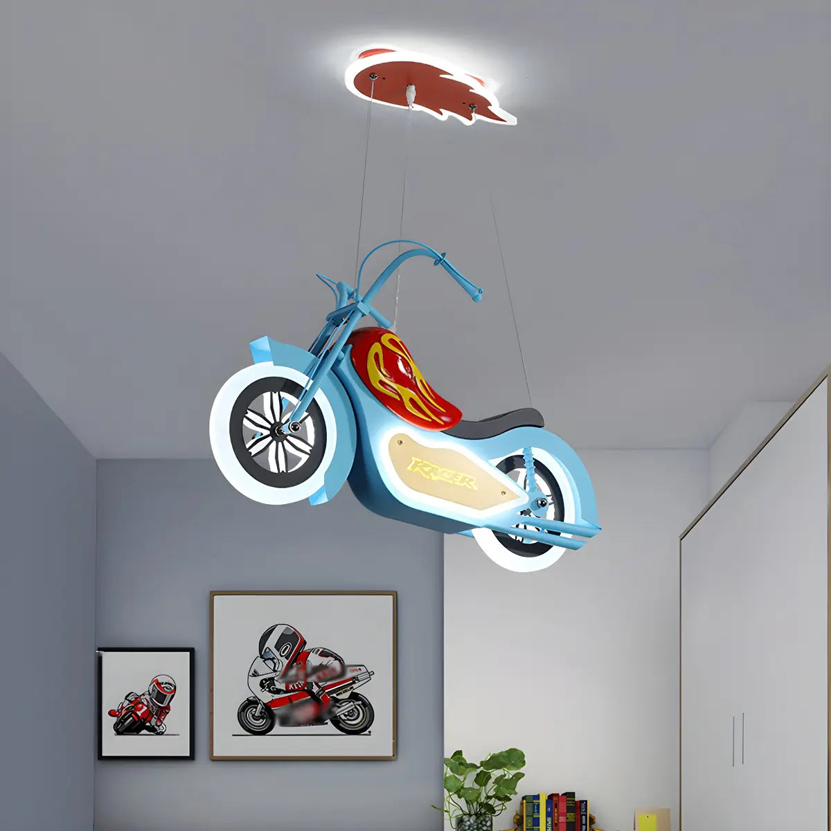 Motorcycle Acrylic Kids Room Blue Large Pendant Chandelier Image - 3