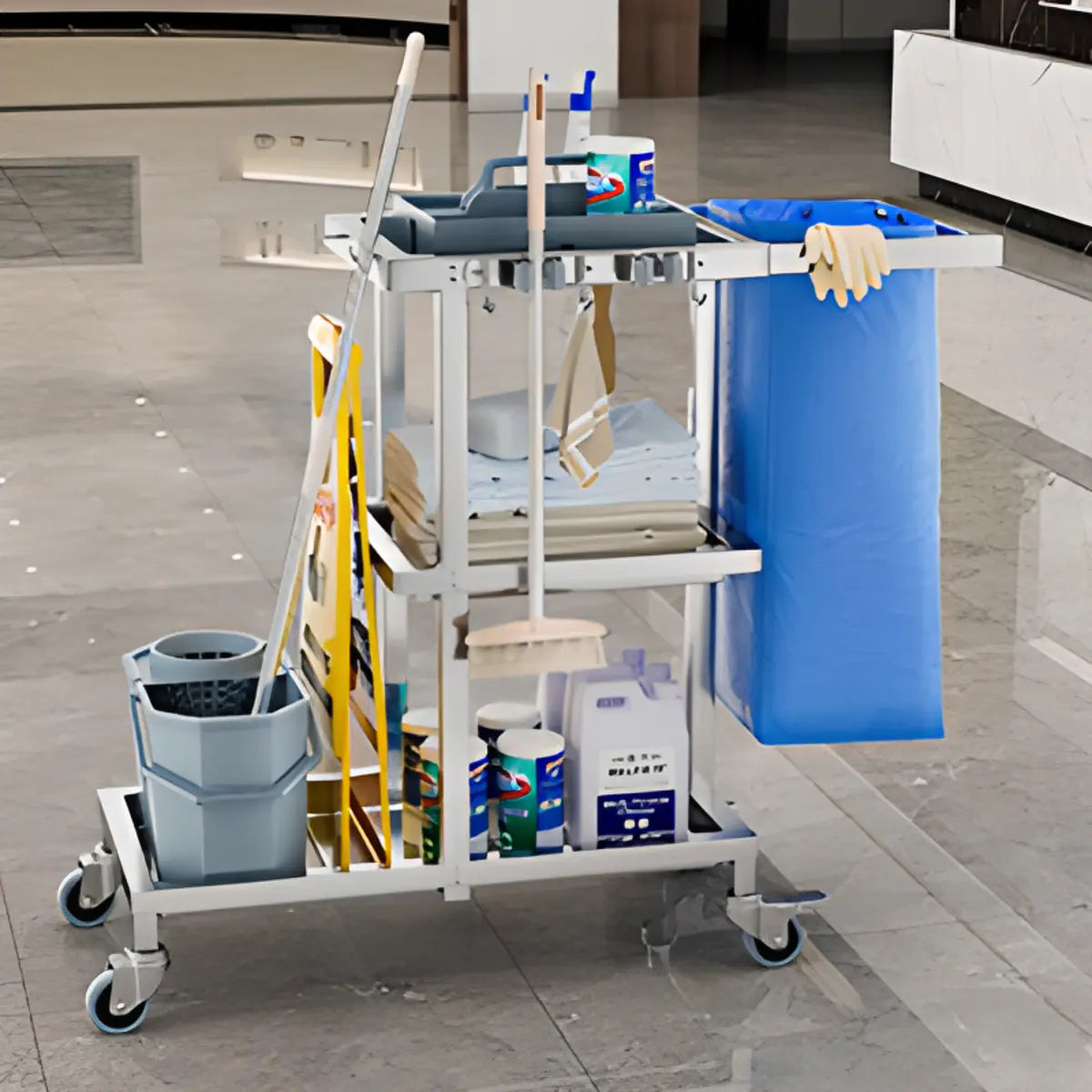 Movable Silver Metal Utility Cart with Tray and Shelves Image - 9