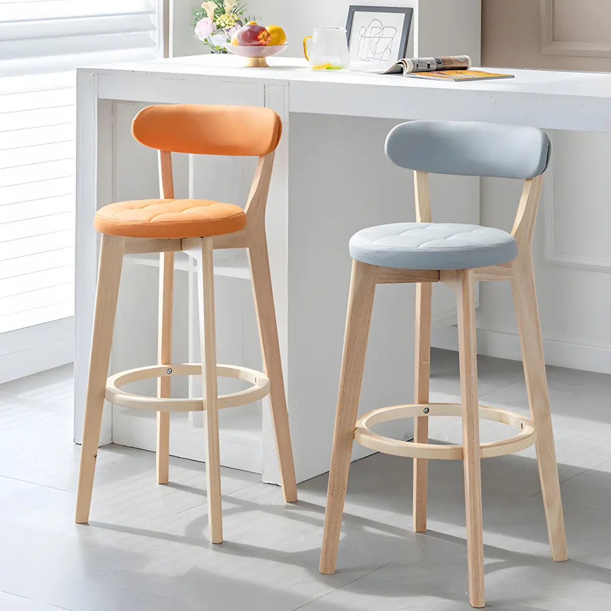 Multi-Color Round Leather Low Back Bar Stool Wood Image - 23