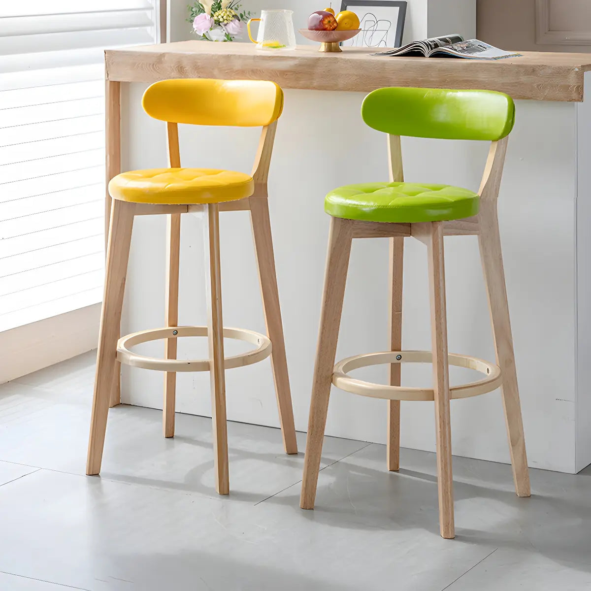 Multi-Color Round Leather Low Back Bar Stool Wood Image - 29