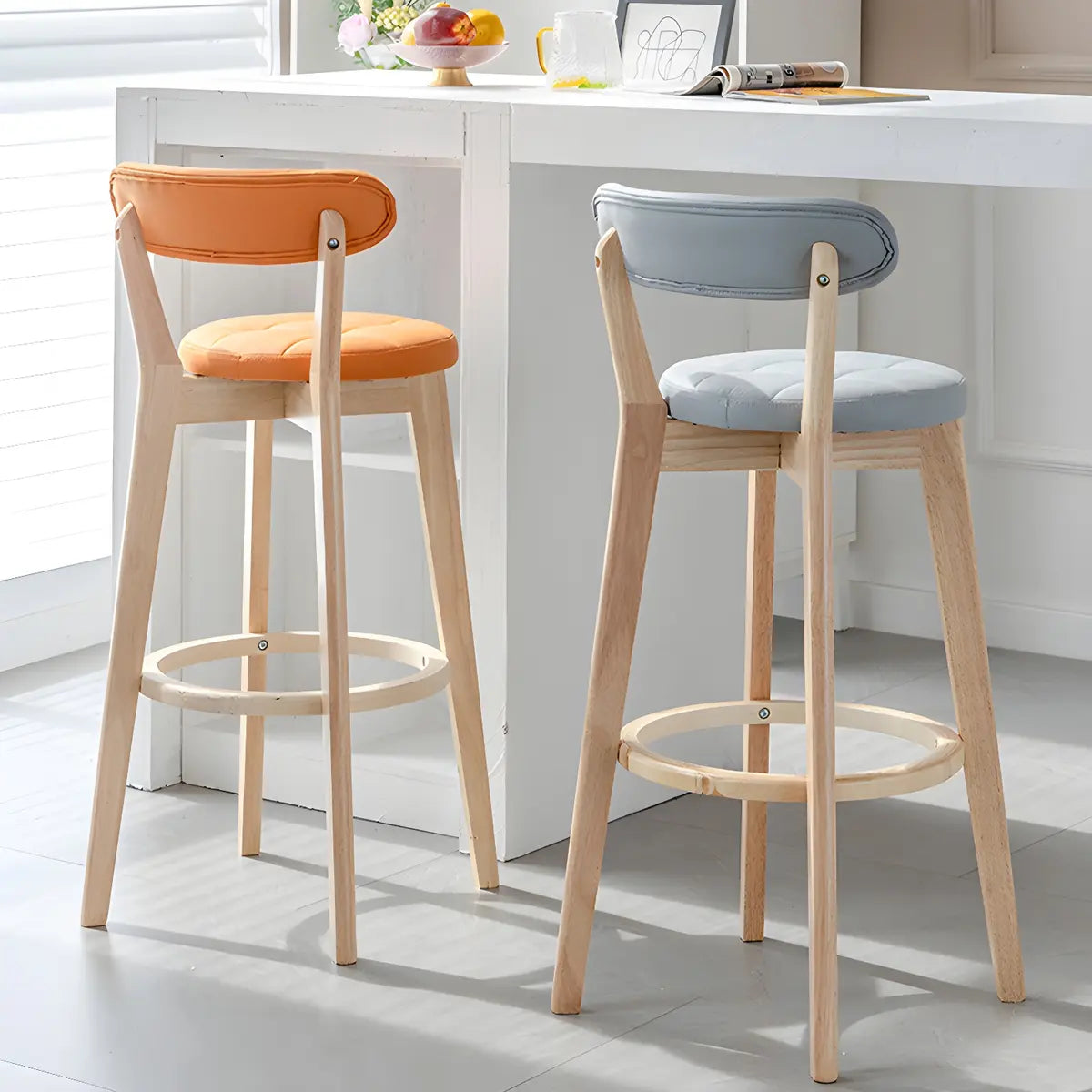 Multi-Color Round Leather Low Back Bar Stool Wood Image - 4