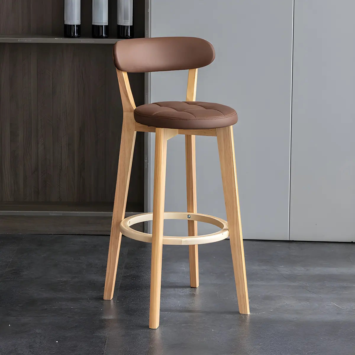 Multi-Color Round Leather Low Back Bar Stool Wood Image - 6