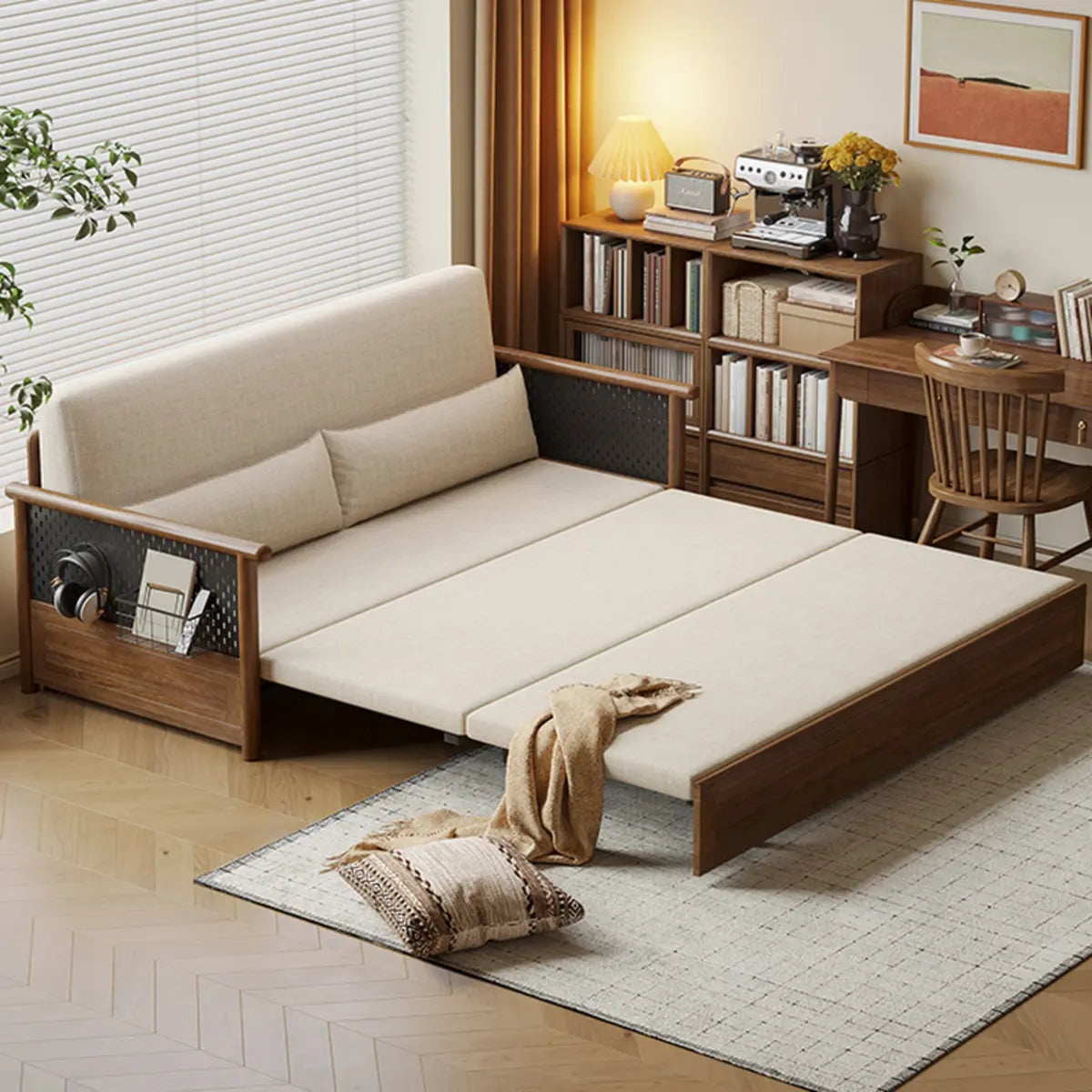 Multi-Function Beige Wood Frame Twin Storage Sofa Bed Futon Image - 1