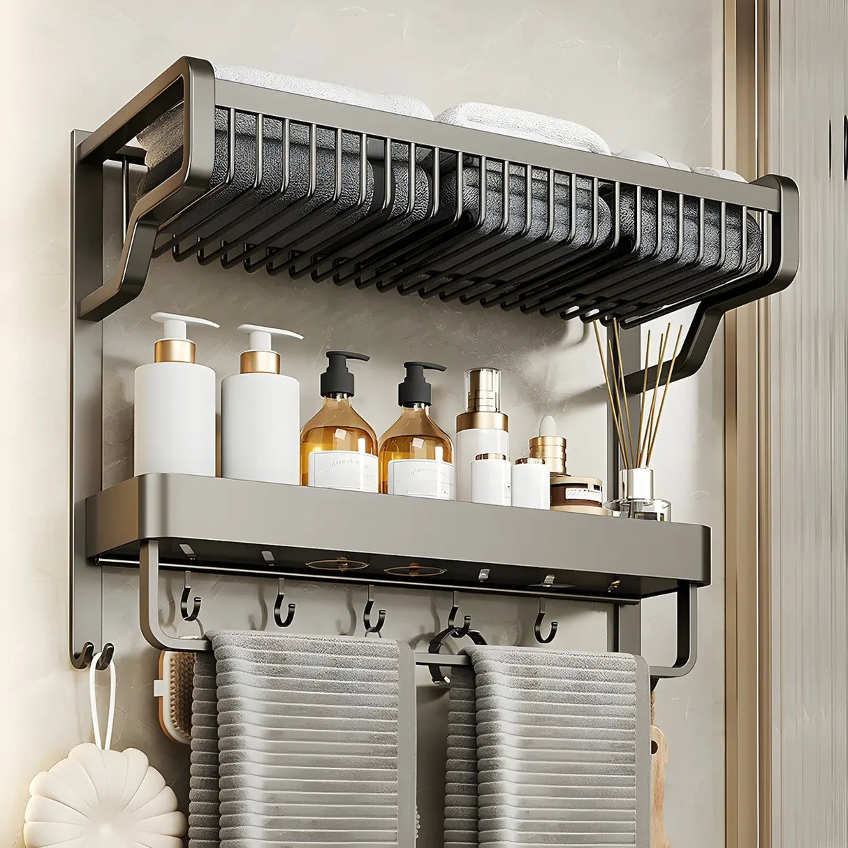 Multi-Tier Grey Metal Bathroom Storage Set with Rack Image - 1