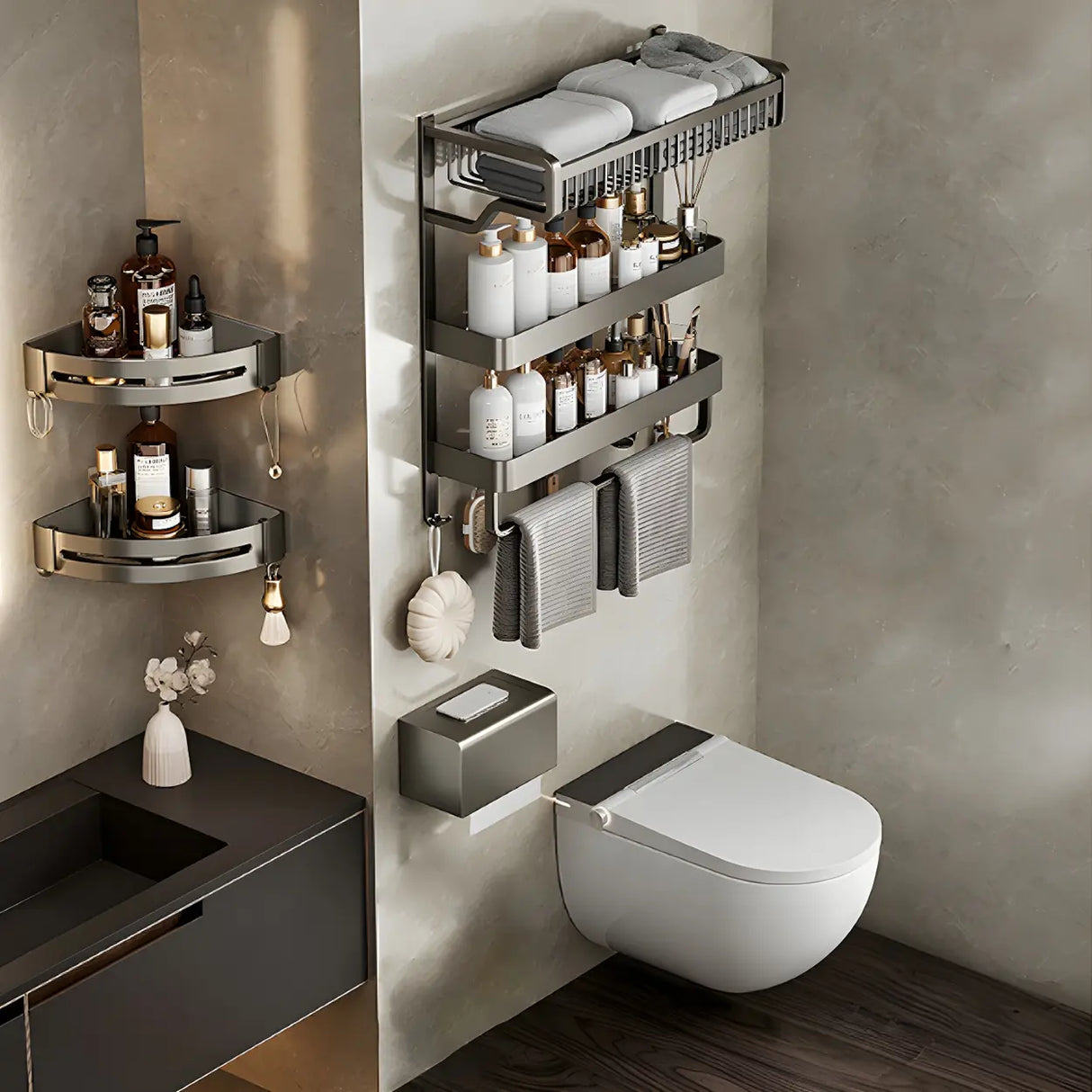 Multi-Tier Grey Metal Bathroom Storage Set with Rack Image - 22