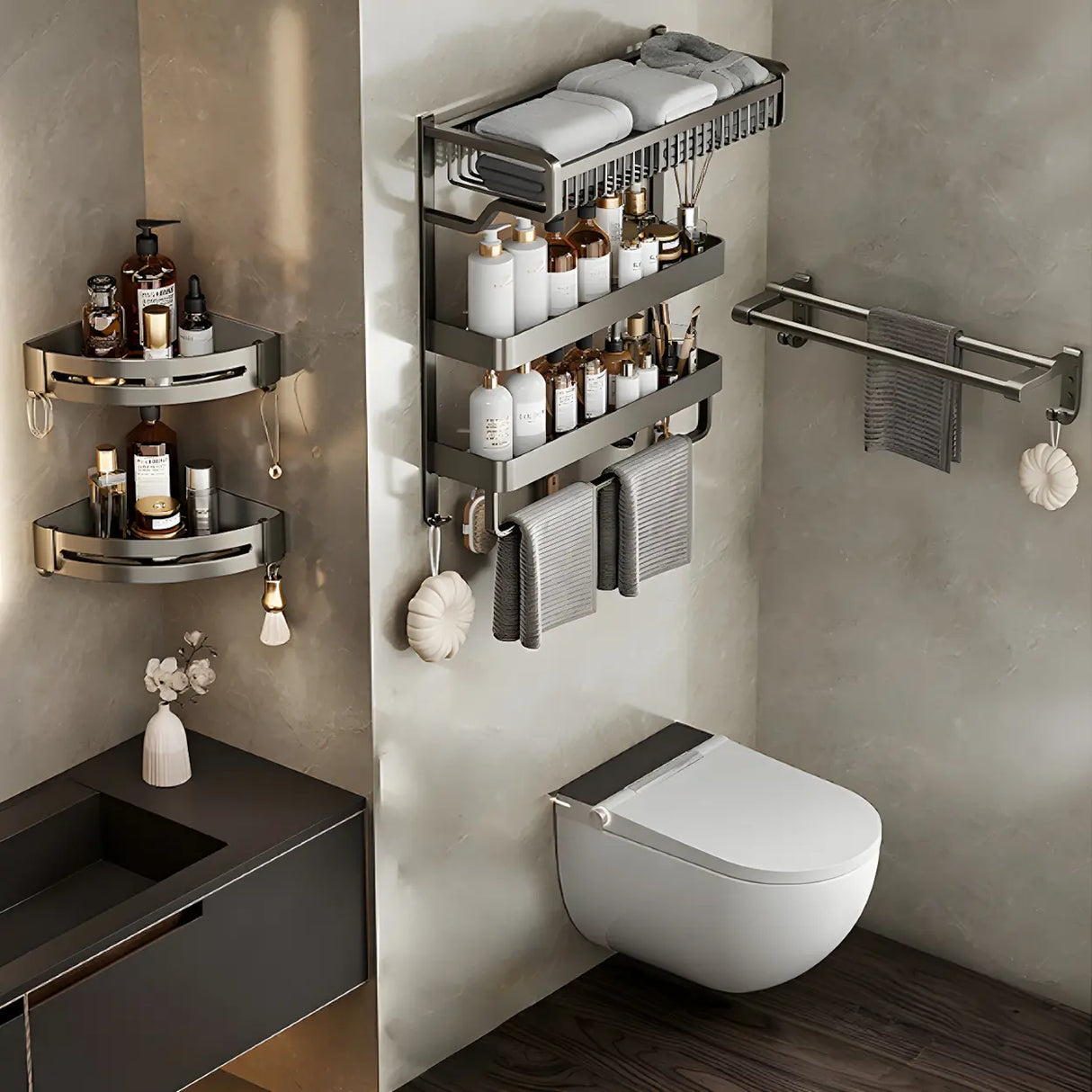 Multi-Tier Grey Metal Bathroom Storage Set with Rack Image - 23