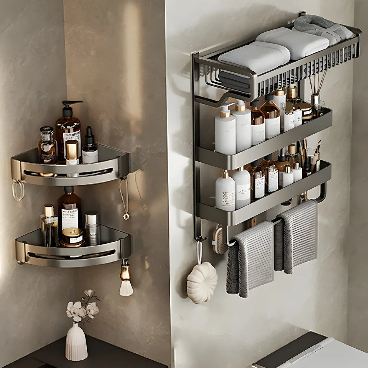 Multi-Tier Grey Metal Bathroom Storage Set with Rack Image - 24