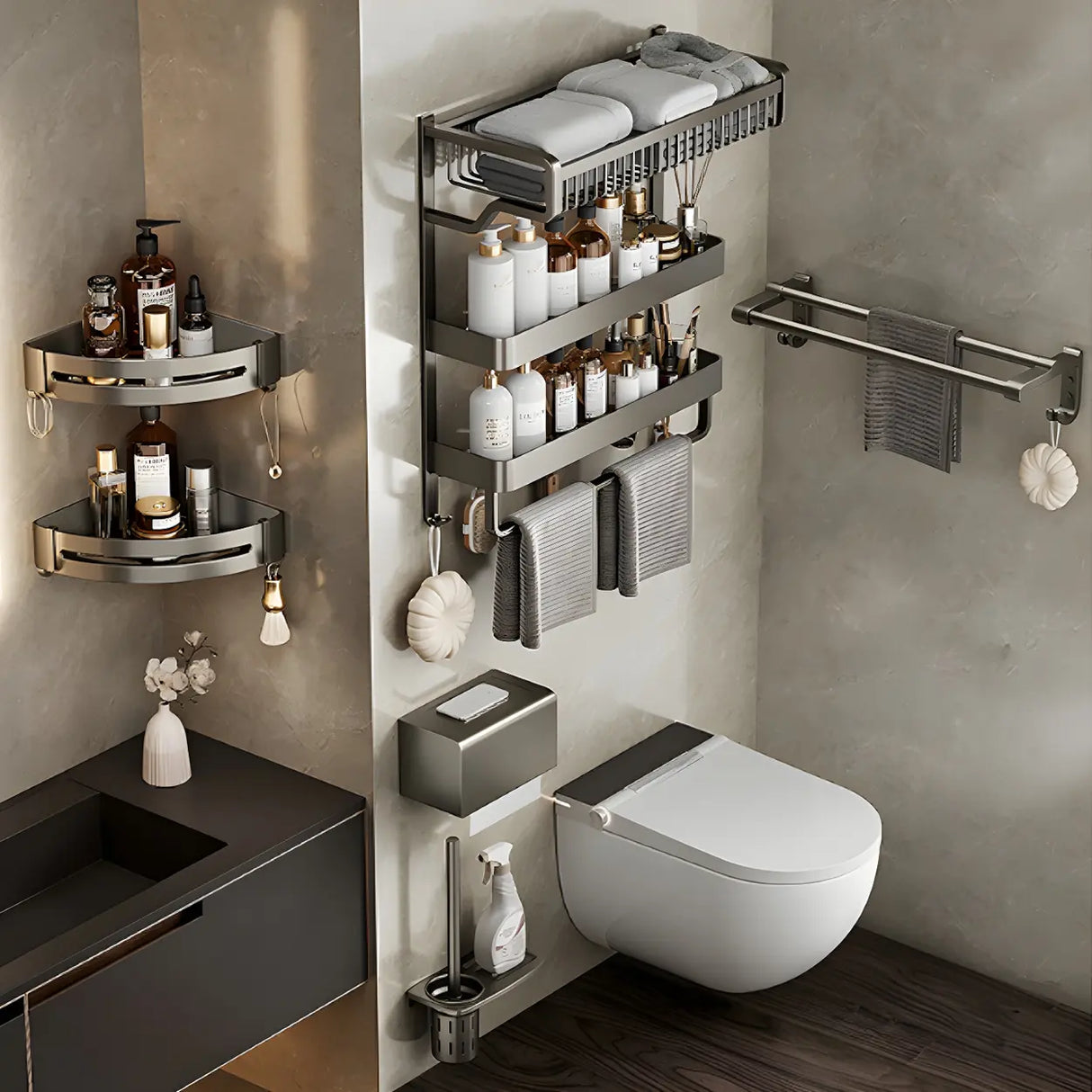 Multi-Tier Grey Metal Bathroom Storage Set with Rack Image - 25