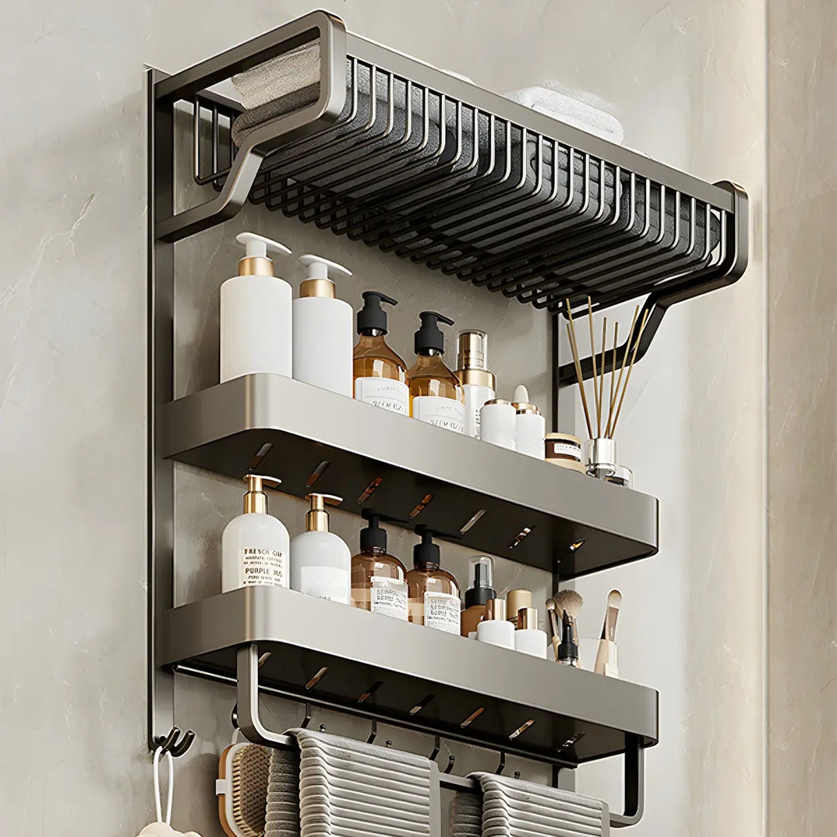 Multi-Tier Grey Metal Bathroom Storage Set with Rack Image - 15