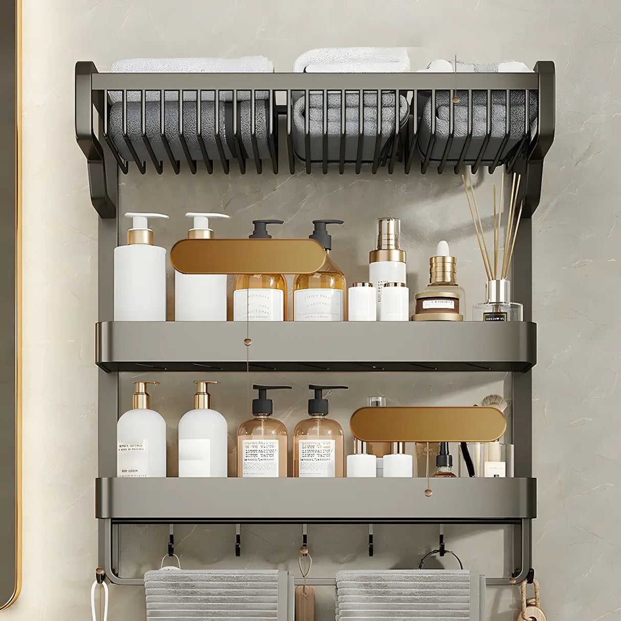 Multi-Tier Grey Metal Bathroom Storage Set with Rack Image - 4