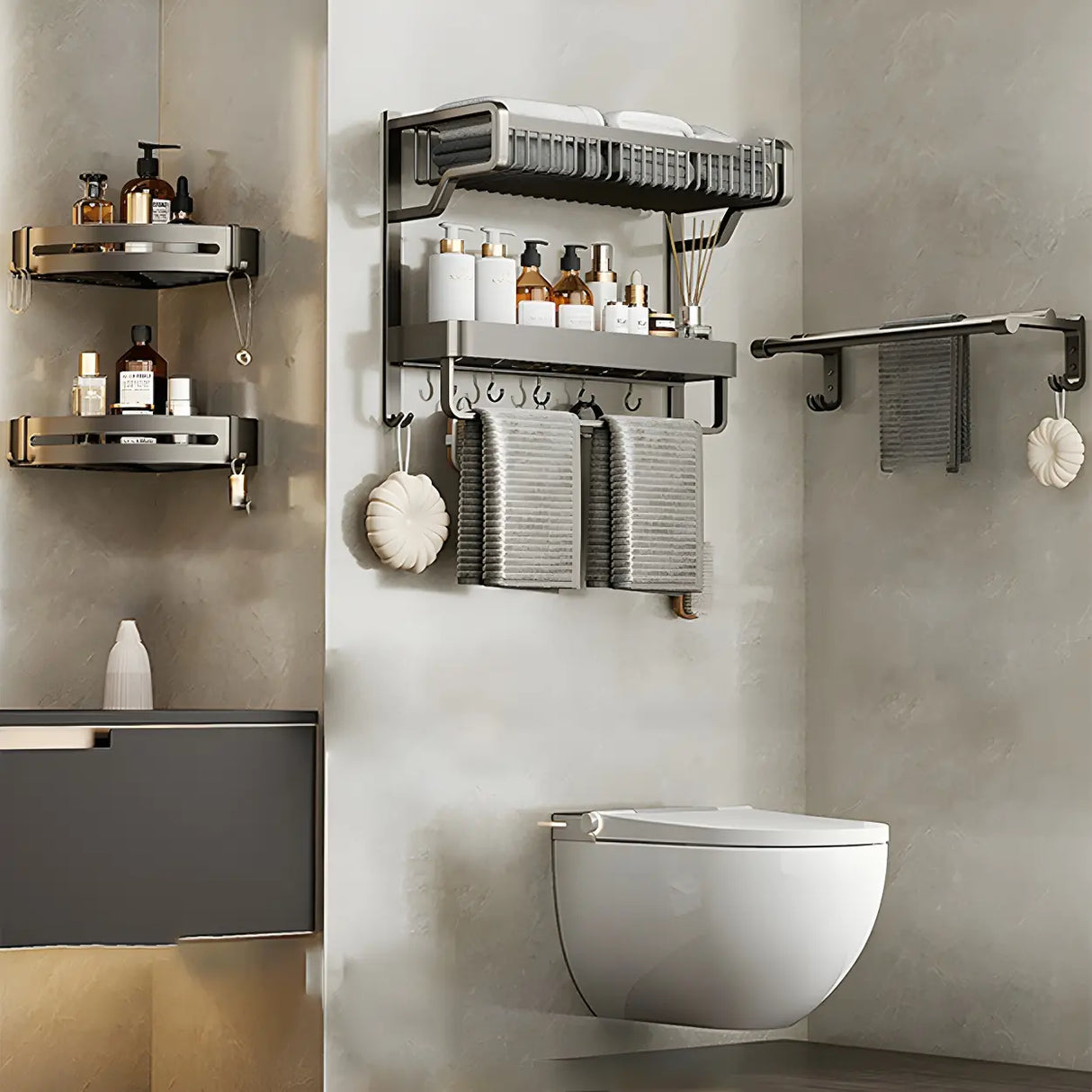 Multi-Tier Grey Metal Bathroom Storage Set with Rack Image - 20