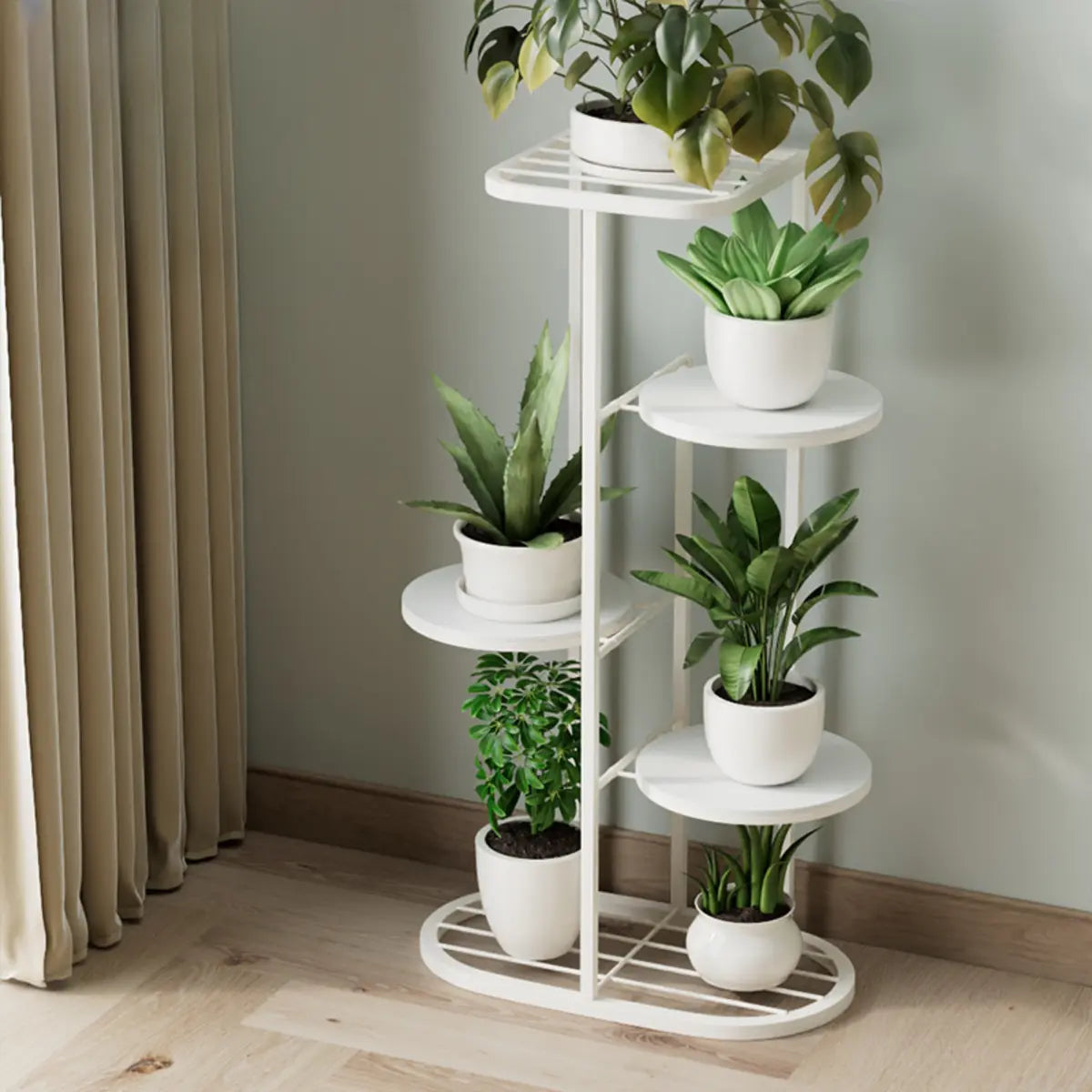 Multi-Tier Round Tray Floor Metal Plant Stand White Image - 12