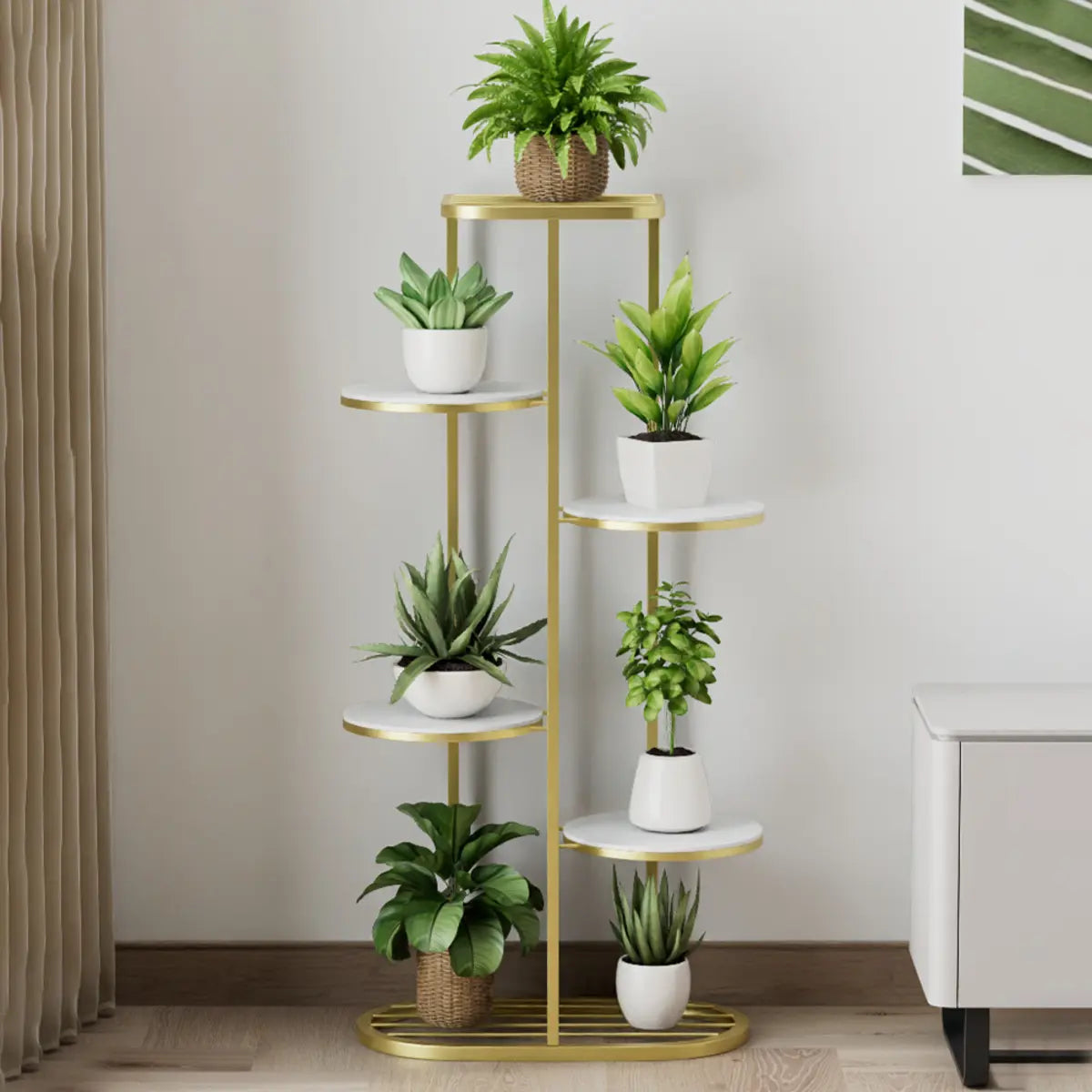 Multi-Tier Round Tray Floor Metal Plant Stand White Image - 5