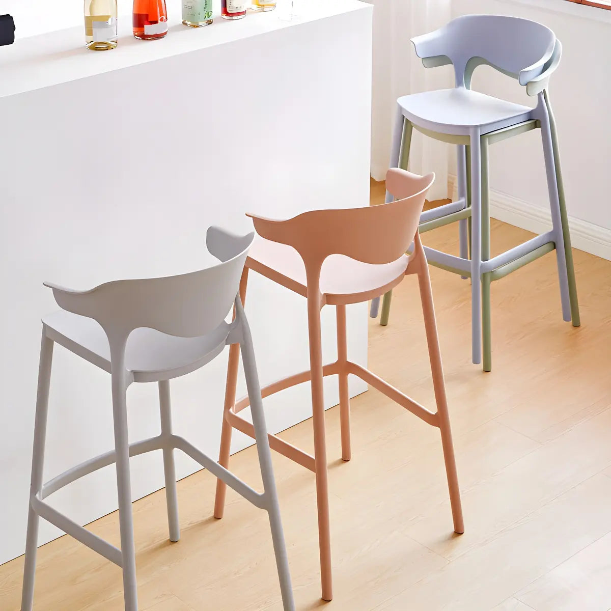 Multicolor Curved Plastic Low Back Bar Stool with Footrest Image - 1