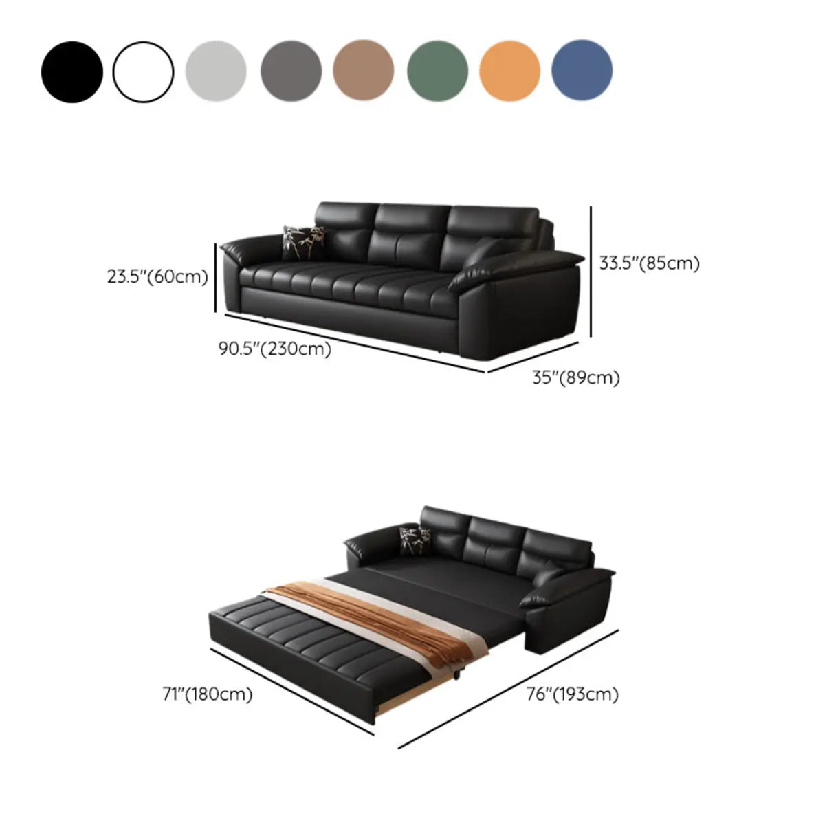 Multifunctional Black Queen Size Leather Futon Sofa 