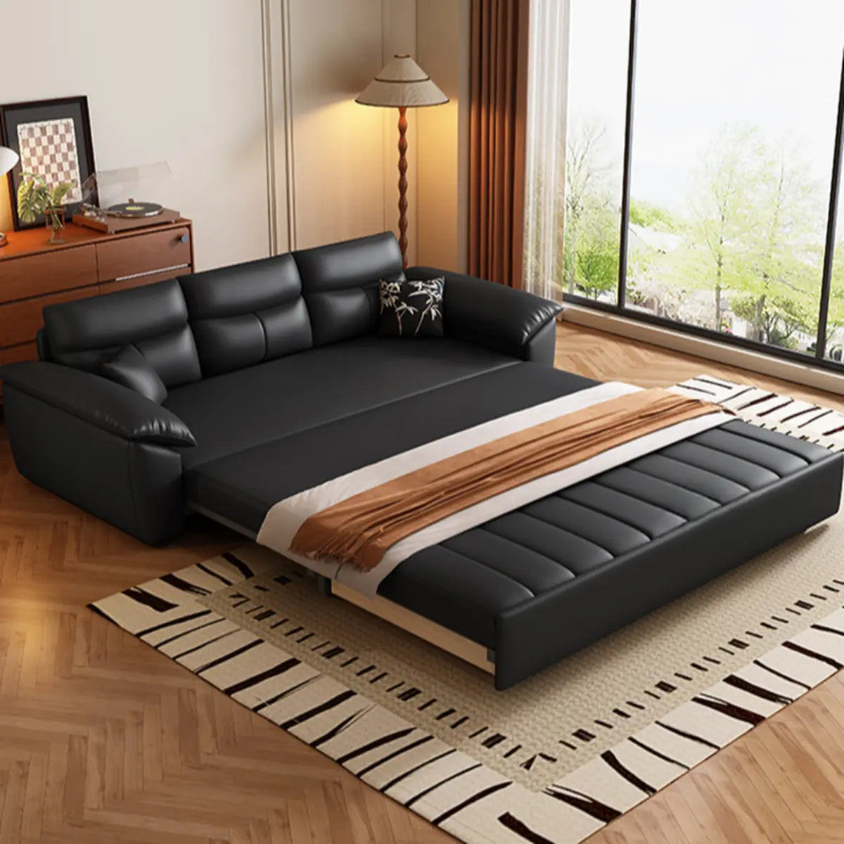 Multifunctional Black Queen Size Leather Futon Sofa Image - 6