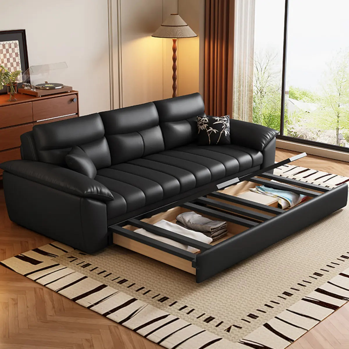 Multifunctional Black Queen Size Leather Futon Sofa Image - 8