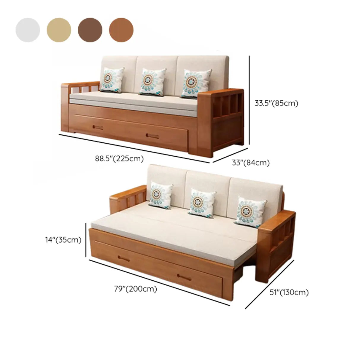 Multifunctional Nut-Brown Large Wooden Storage Futon Sofa 